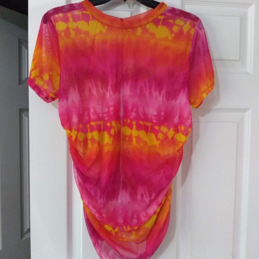 3X Blue Leopard Sunset Mesh Top with Ruching